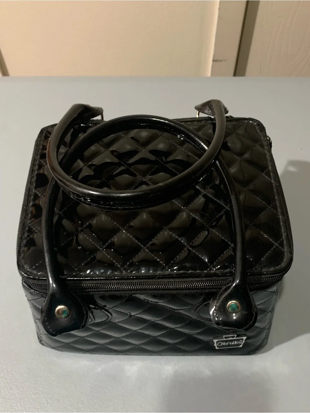 Black Quilted Patent Cosmetic Train Case with Double Handles